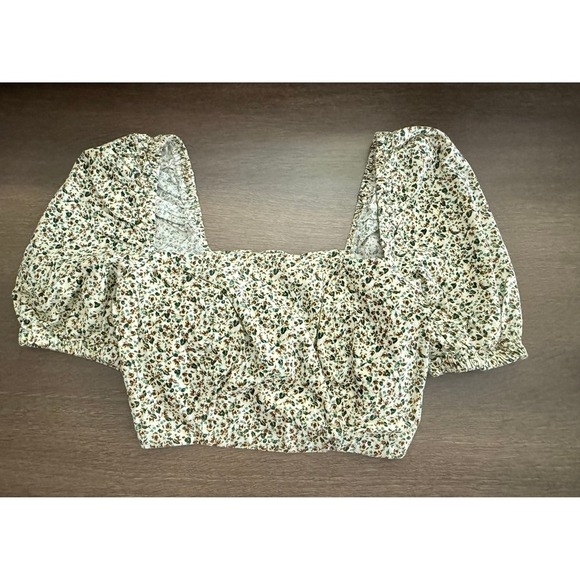 ZARA Floral Crop Top Square Neck Puff Sleeve Lace Up Front Cottagecore size M - Picture 2 of 6
